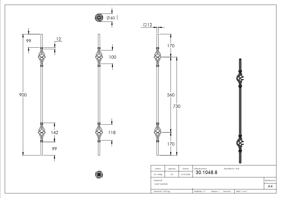 Zierstab - Laenge- 900 mm - Material- 12x12 mm - glatt - Stahl -Roh- S235JR-30-1048.8