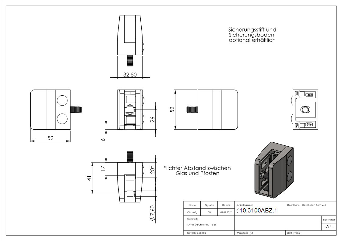 Glasklemme 52x52x32-5 mm AbZ fuer Anschluss flach V4A-10-3100ABZ.1