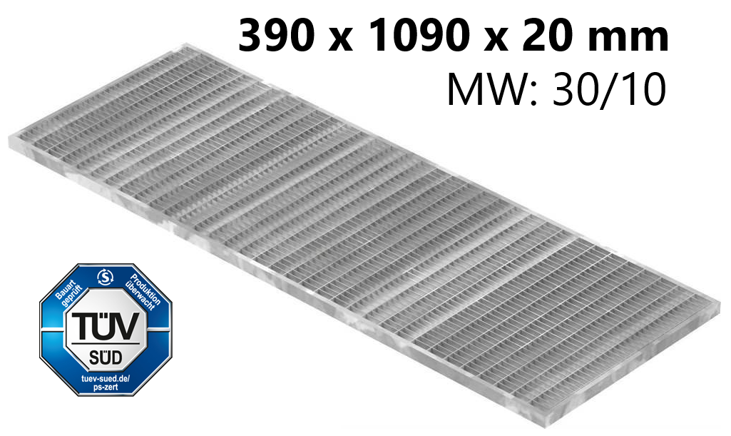 Lichtschachtrost Baunormrost - Masse-  390x1090x20 mm 30-10 mm - aus S235JR -St37-2- im Vollbad feuerverzinkt-23-391093120.7