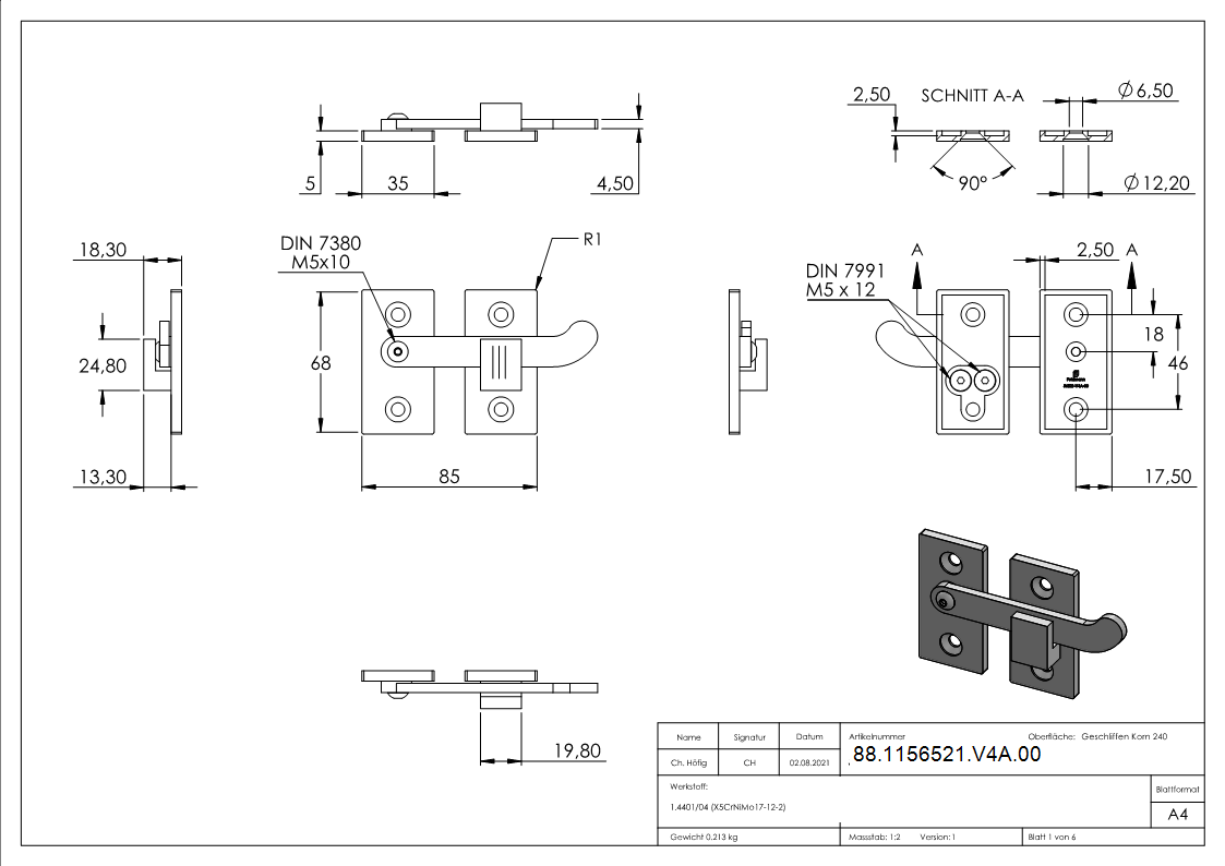 Torriegel Edelstahl V4A fuer flache Profile zum Anschrauben-88-1156521-V4A.00