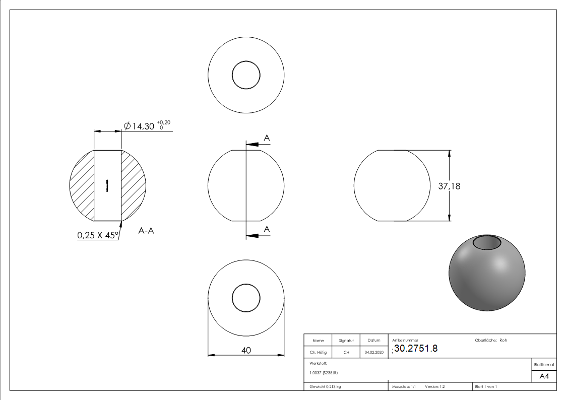 Kugel Ø 40 mm - mit Durchgangsbohrung 14-2 mm - Stahl S235JR- roh-30-2751.8