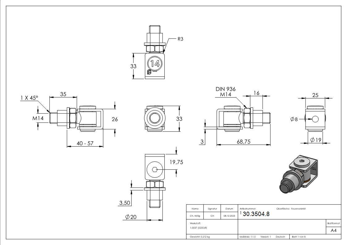 Torband M14 verstellbar schweissbar Stahl -roh- S235JR-30-3504.8
