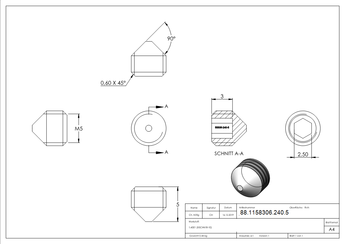 Gewindestift V2A M5x5 Innensechskant mit Spitze DIN 914-88-1158306-240.5