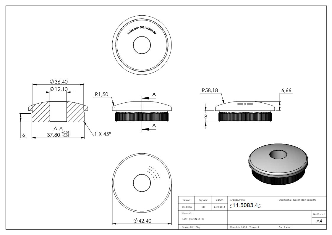 Einsteckkappe Edelstahl V2A Ø 42-4x2-5 mm mit Bohrung 12-1 mm gewoelbt zum Einschlagen-11-5083.4