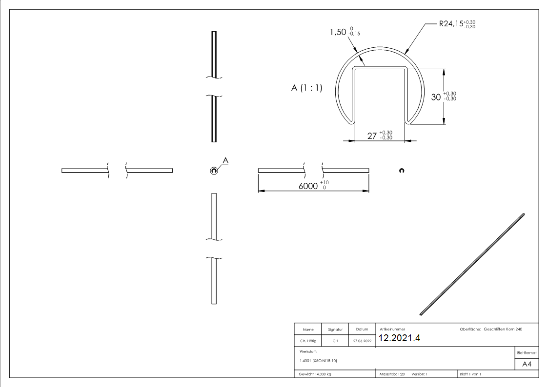 Nutrohr Masse- Ø 48-3x1-5 mm mit Nut- 27x30 mm Laenge- 6000 mm V2A Edelstahl-12-2021.4