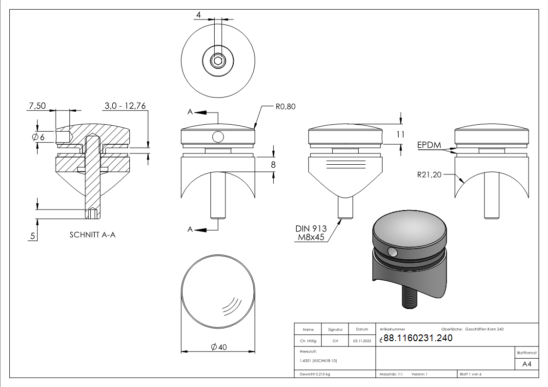 Glaspunkthalter Edelstahl V2A Ø 40 mm Anschluss Ø 42-4 mm M8 geschliffen Korn 240-88-1160231.240