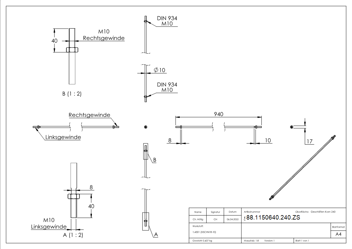 Zugstange fuer Vordachsystem Edelstahl V2A L = 940 mm M10x40 Links-Rechtsgewinde-88-1150640-240.ZS