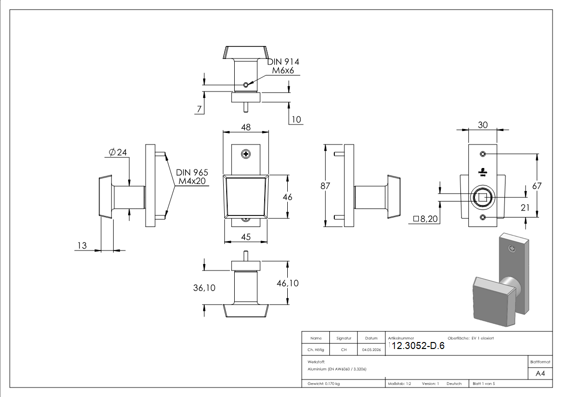 Alu-Tuerdruecker - gerade - drehbar - Aluminium EV1-12-3052-D.6