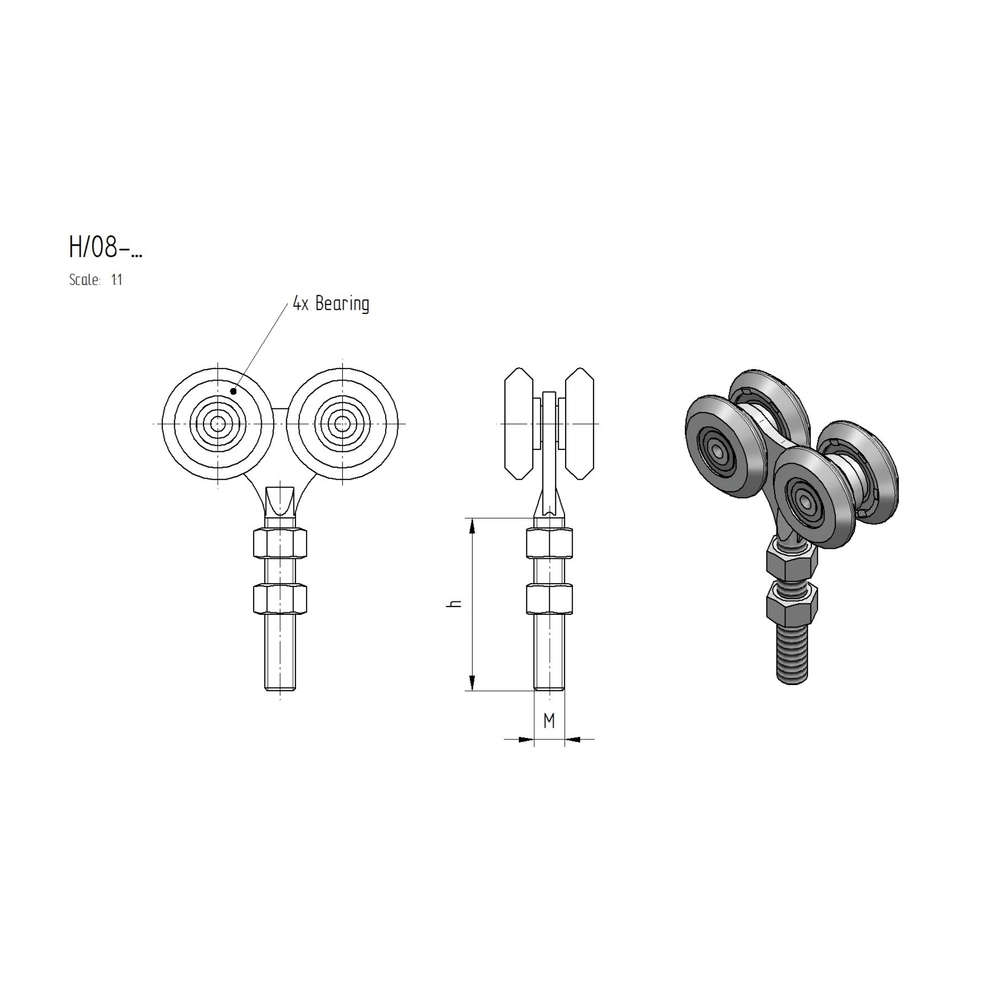 Vierraedriger Rollenapparat Stahl verzinkt fuer Profil 33x34 mm M8 bis 60 kg-89-11H0833X34NYLON-A.4