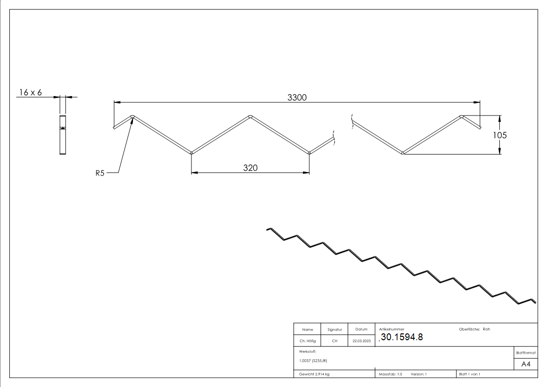 Ziergitterstange - glatt - Material- 16x6 mm- gerillt - Laenge- 3300 mm - Stahl S235JR- roh-30-1594.8
