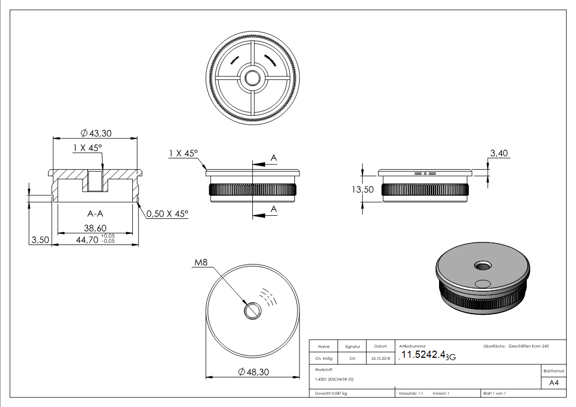 Einsteckkappe Edelstahl V2A fuer Rohr Ø 48-3x2-0 mm mit M8 Gewinde- flach-11-5242.4