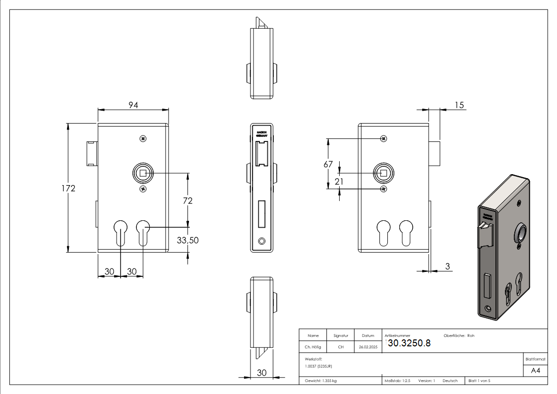 Kastenschloss verzinkt 30 mm fuer zwei Profilzylinder-30-3250.8