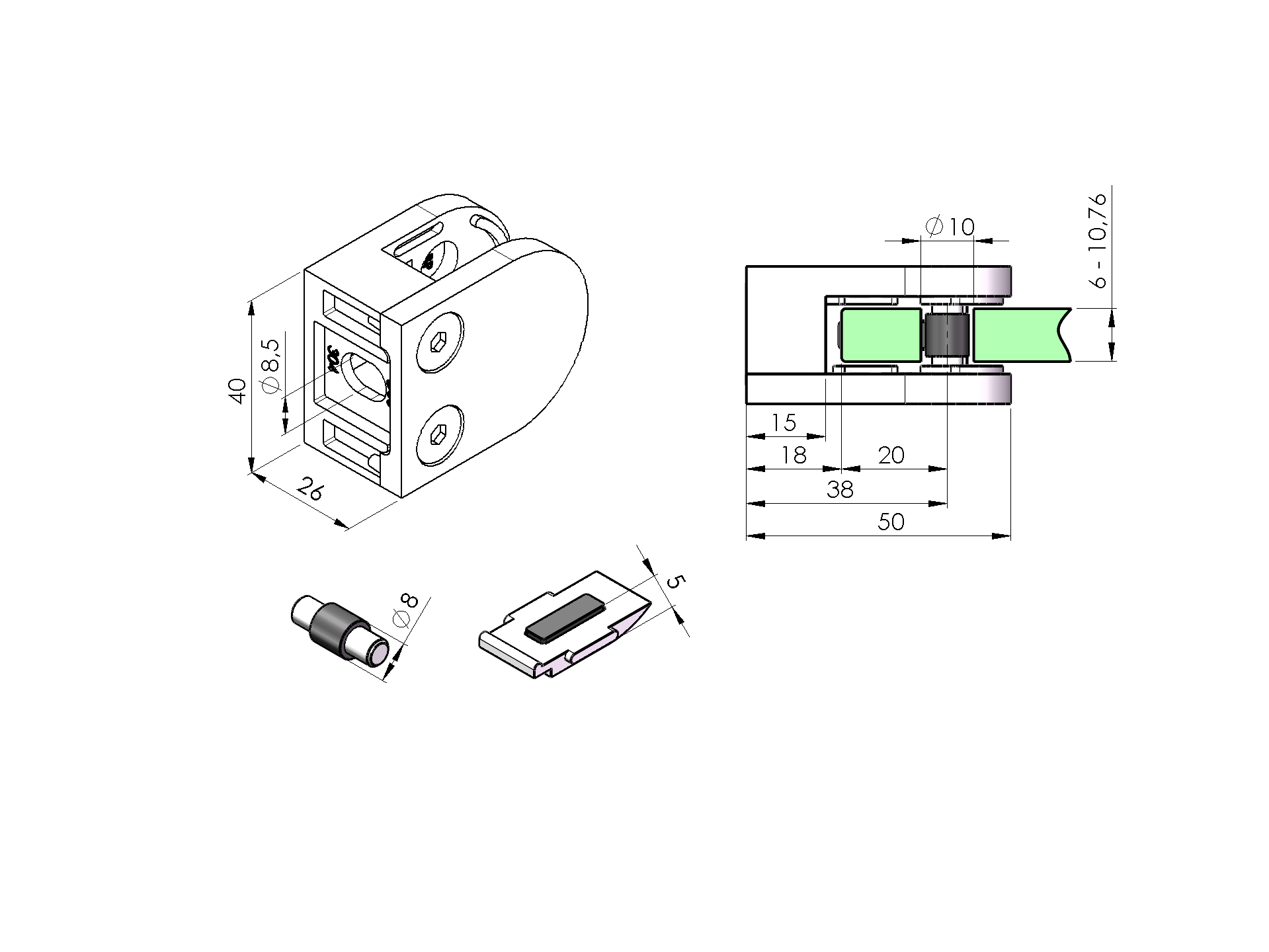 Glasklemme V2A fuer 6 - 10-76 mm Glas fuer Flachanschluss Schwarz 4er Set-89-11ABL200P000SET4-A.4