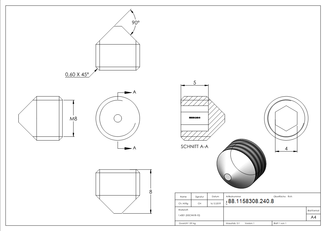 Gewindestift V2A M8x8 Innensechskant Spitze DIN 914-88-1158308-240.8