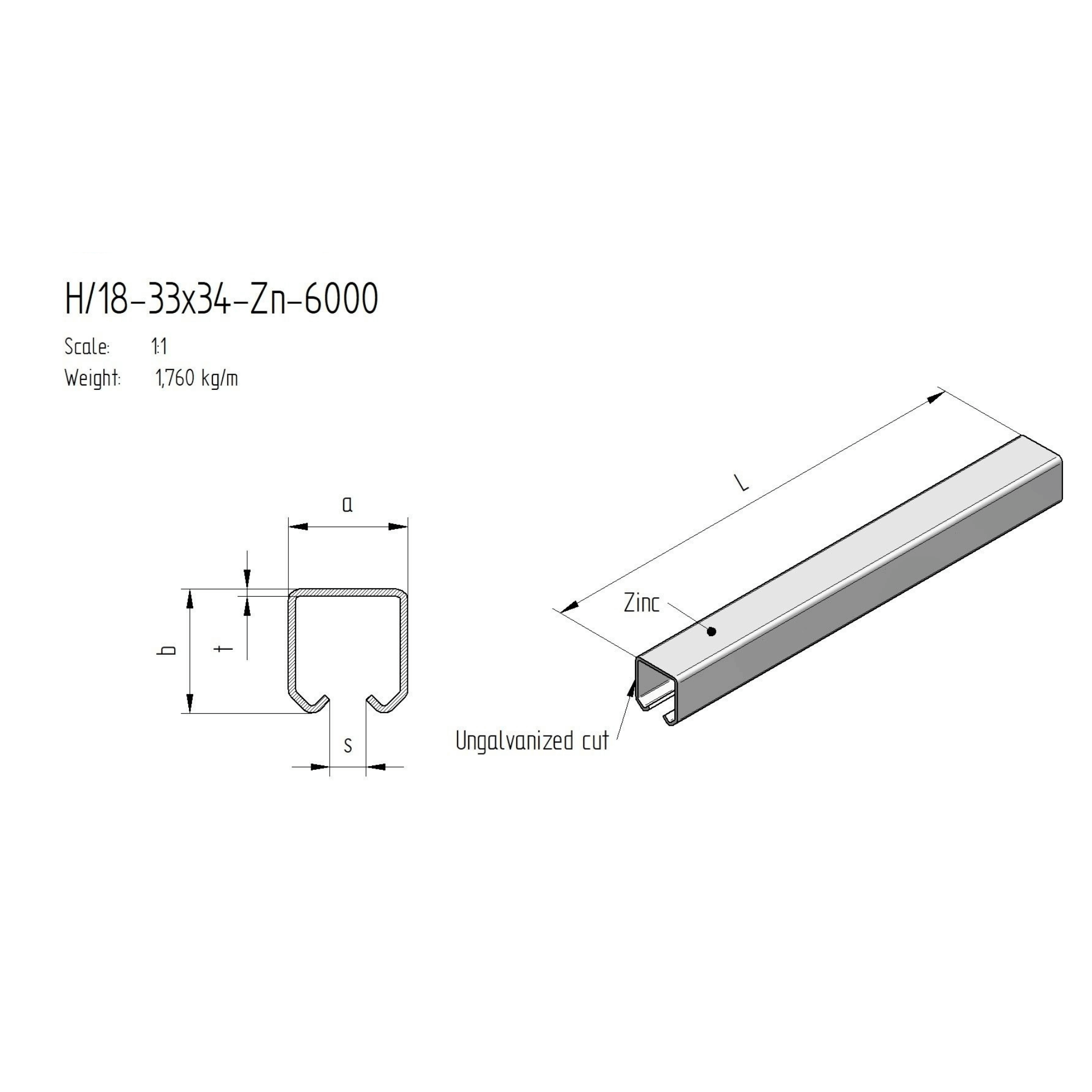 Laufschiene Stahl verzinkt 33 x 34 x 2-0 mm L = 6000 mm-89-11H1833X34ZN6000-A.4