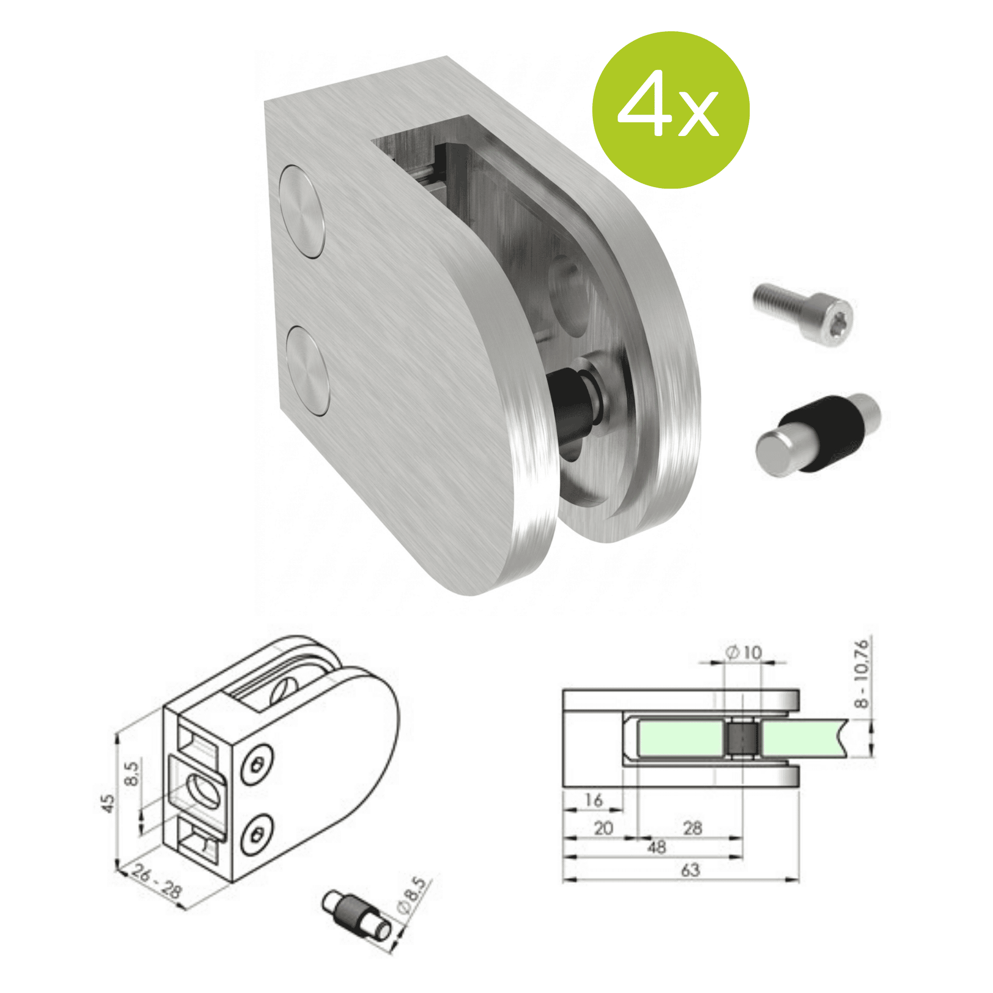 Glashalter V2A fuer 8-10-76 mm Glas geschliffen fuer Flachanschluss 4er Set-89-11A2200000SET4-A.4