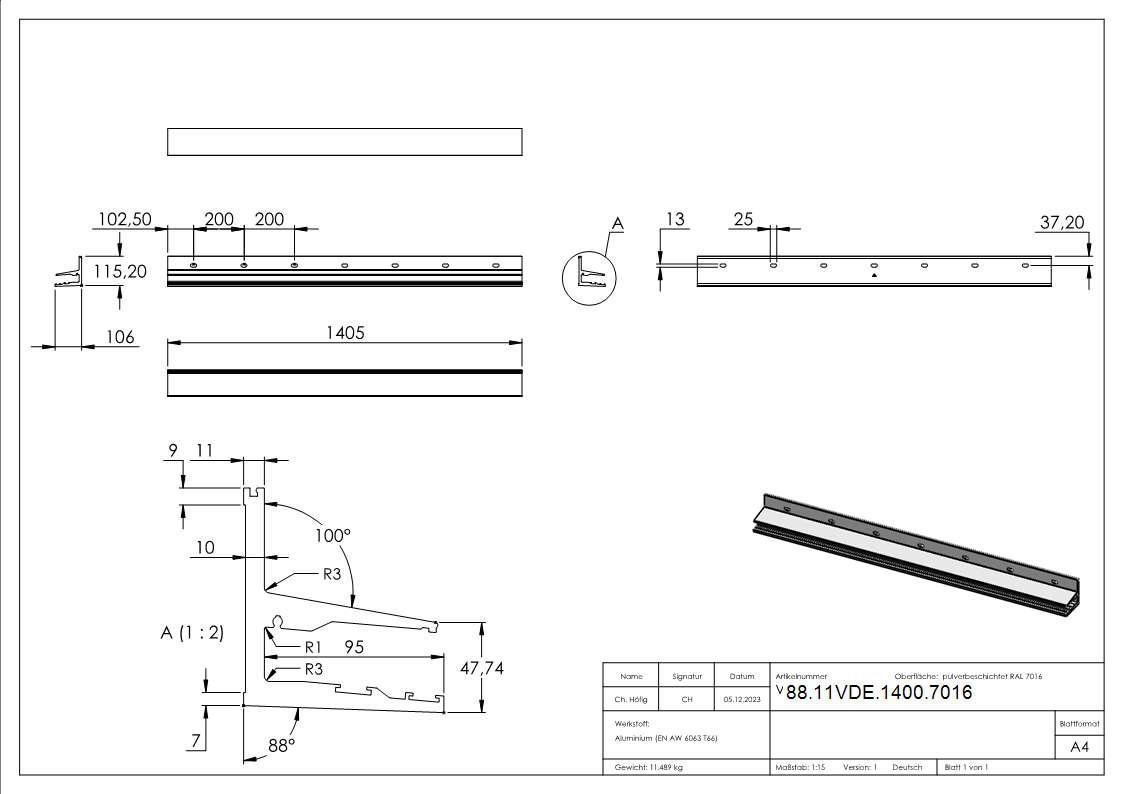Vordachprofil Aluminium L = 1405 mm pulverbeschichtet RAL 7016-88-11VDE-1400.7016
