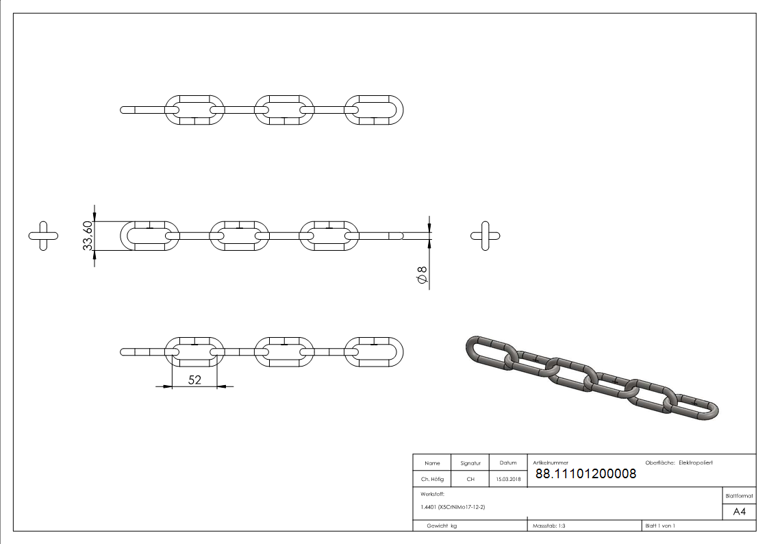 Langgliedrige Kette Edelstahl V4A Ø 8 mm DIN 763-88.11101200008