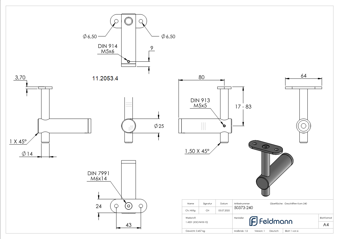 Handlaufhalter mit Halteplatte fuer flachen Anschluss V2A-11-2053.4
