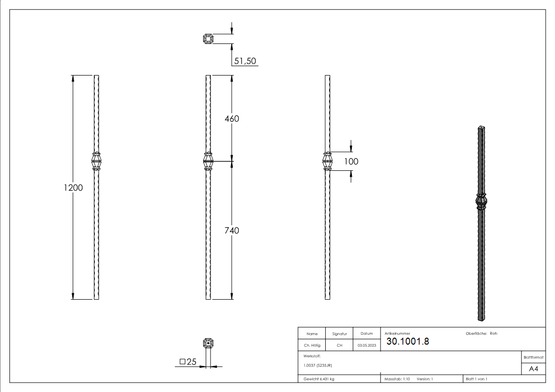 Anfangsstab - Laenge- 1200 mm - Material- 25x25 mm - Stahl S235JR- roh-30-1001.8
