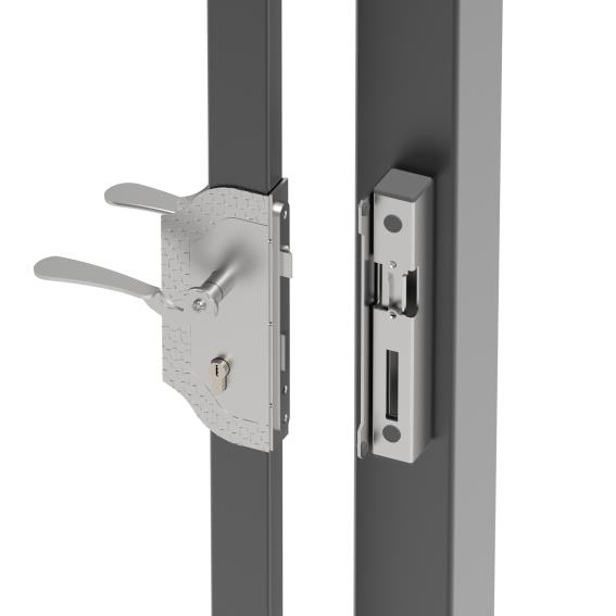 Torschloss-Set Stahl 30x30 mm mit Elektroschloss und Zierplatte-89-11BR30X30SETES-A.4