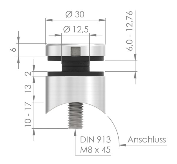 Glaspunkthalter Ø 30 mm- V2A- Anschluss- Rohr Ø 42-4 mm-10-5042.4
