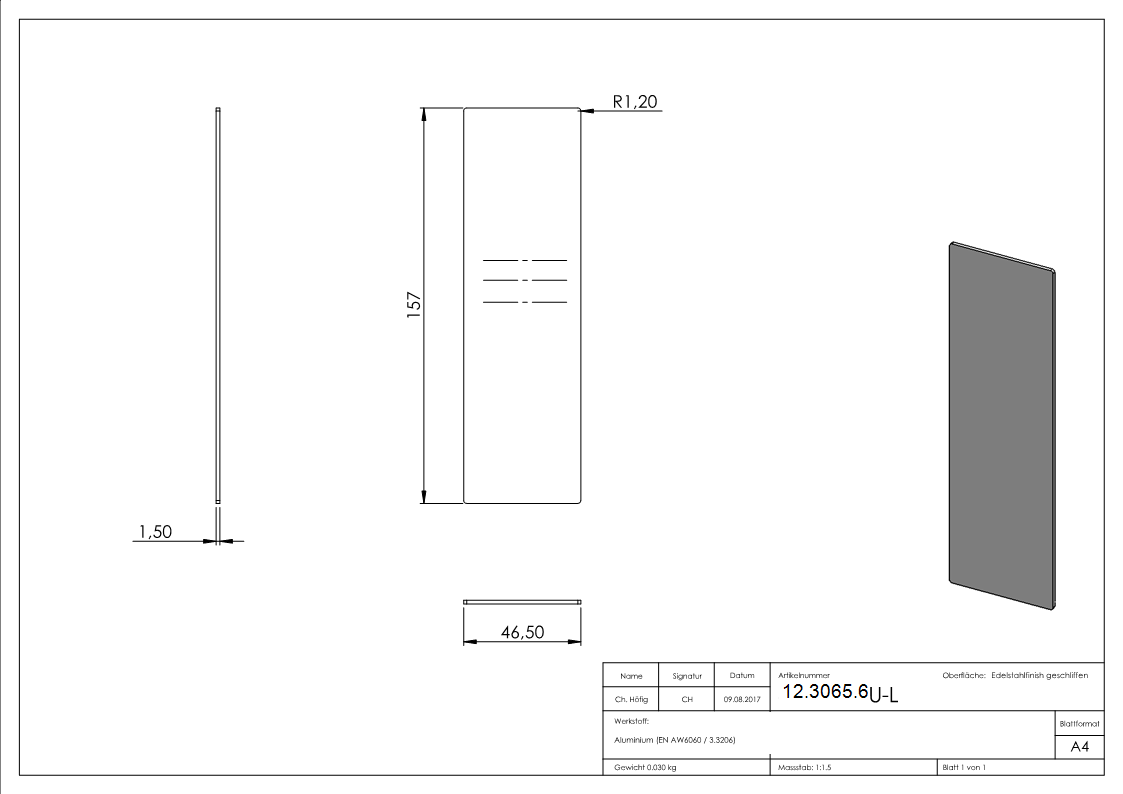 Endkappe - fuer Ganzglasgelaender - fuer Schraege bis 41° - Masse- 157x46-5x1-5 mm - Aluminium-12-3065.6
