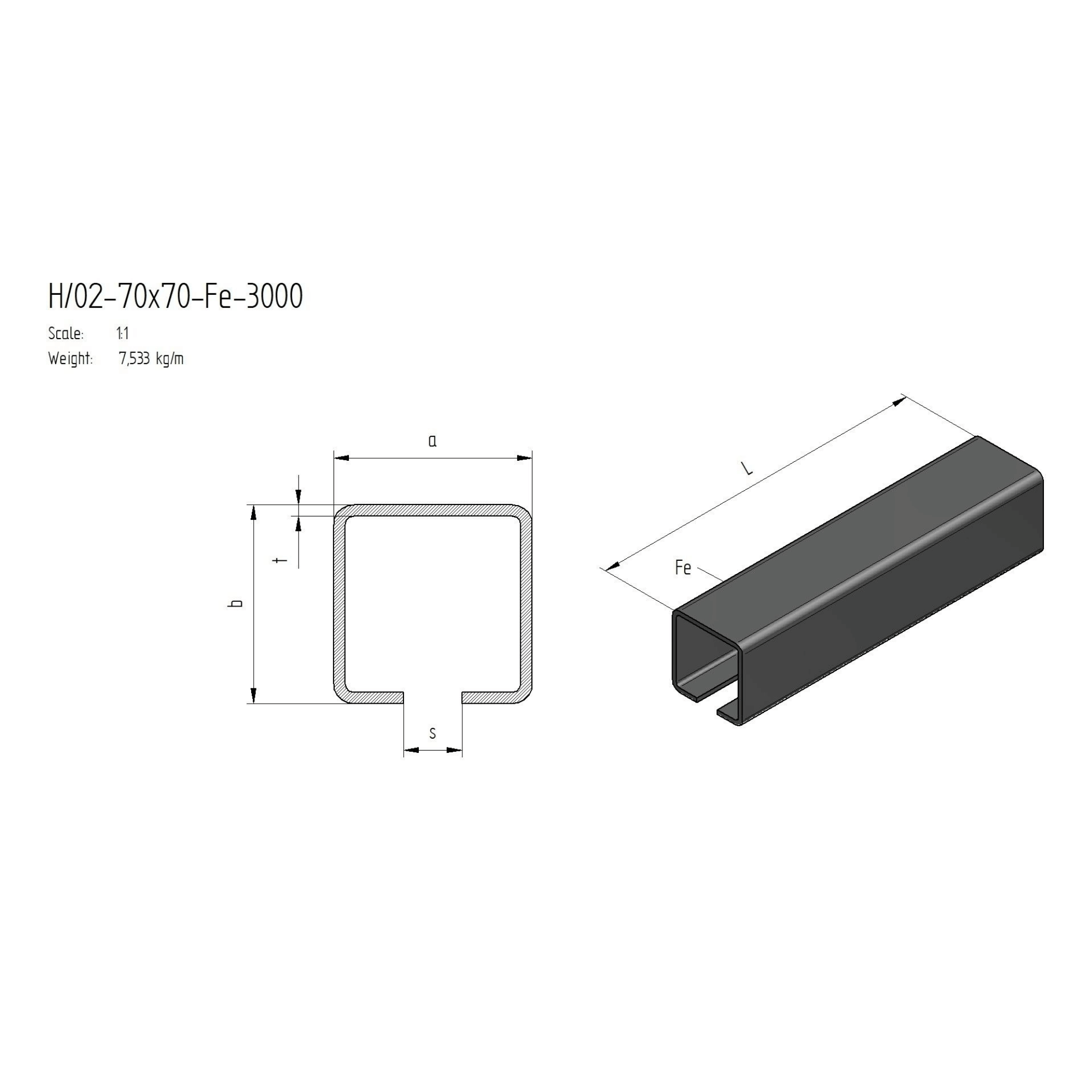 Laufschiene Stahl roh 70 x 70 x 4-0 mm L = 3000 mm-89-11H0270X70FE3000-A.4