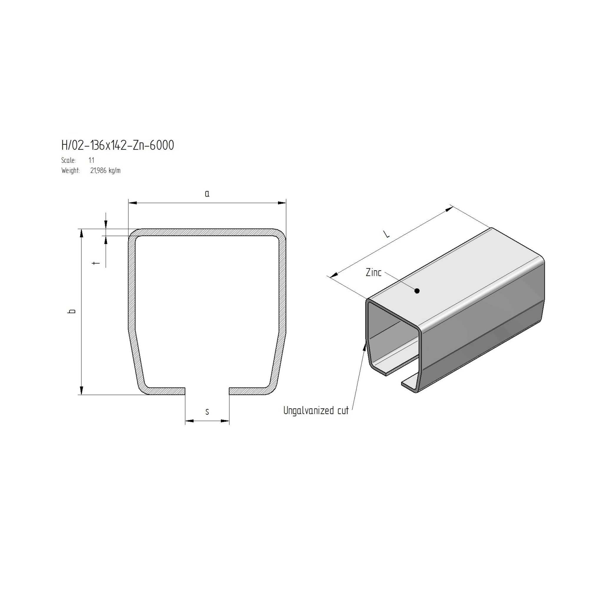 Laufschiene Stahl verzinkt 136 x 142 x 6 mm Laenge 6000 mm-89-11H02136X142ZN6000-A.4