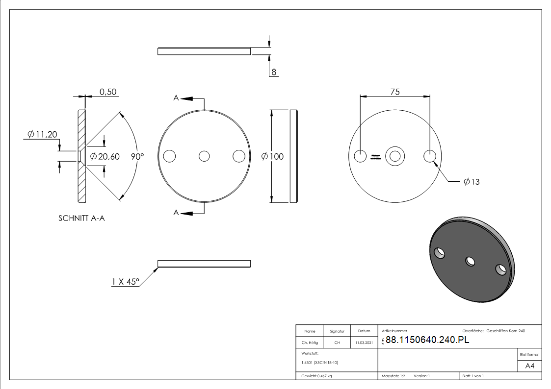 Ankerplatte Edelstahl V2A Ø 100 x 8 mm geschliffen Korn 240 fuer Vordachsystem-88-1150640-240.PL