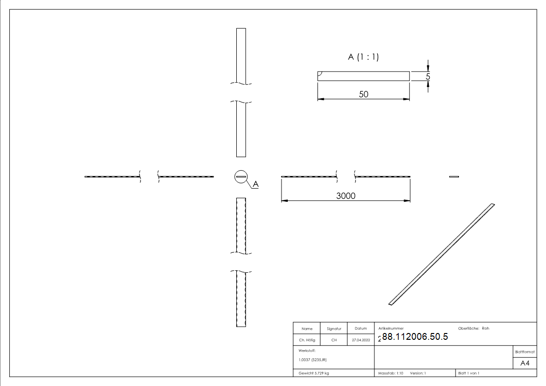 Flacheisen Stahl S235JR 50 x 5 mm L = 3000 mm Kanten gehaemmert-88-112006-50.5