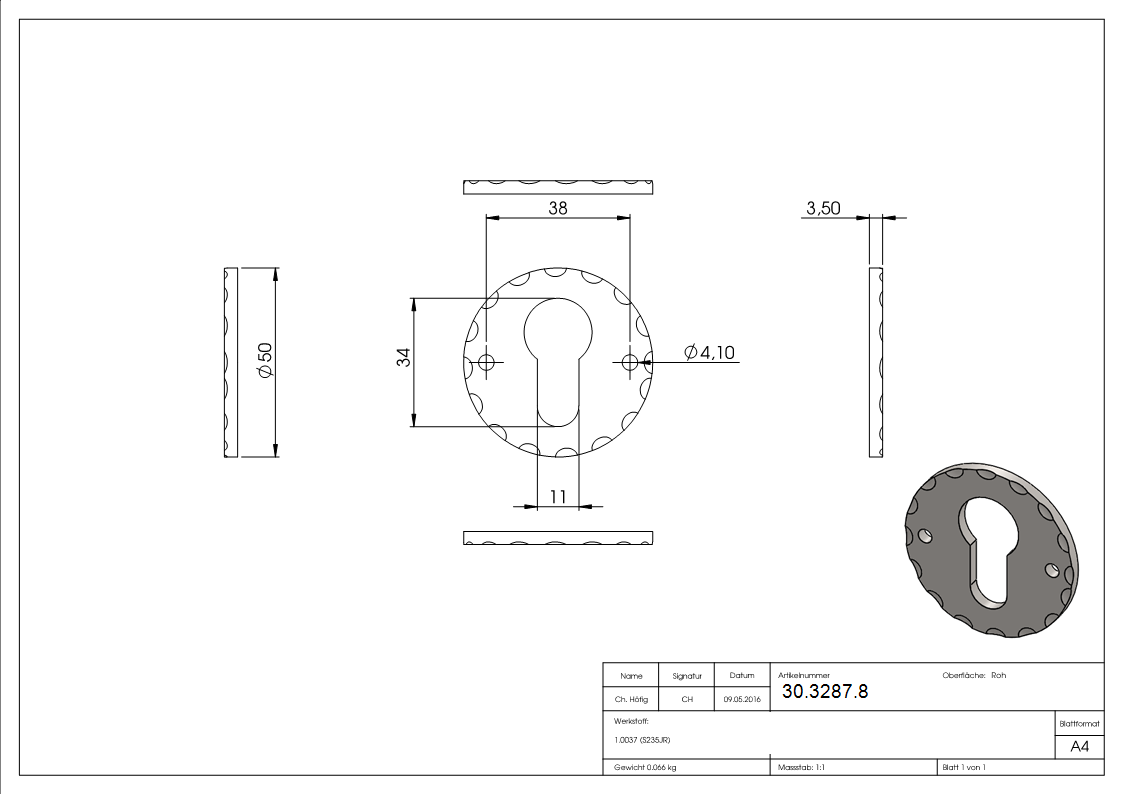 Rosette - Ø 50x3 mm - Stahl S235JR- roh-30-3287.8
