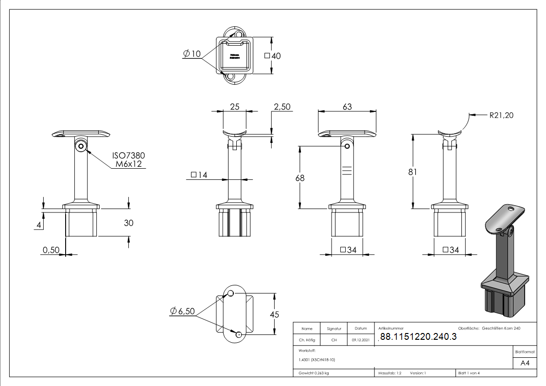 Endkappe Edelstahl V2A 40x40x3-0 mm mit Gelenkstift fuer Ø 42-4 mm Handlauf-88-1151220-240.3