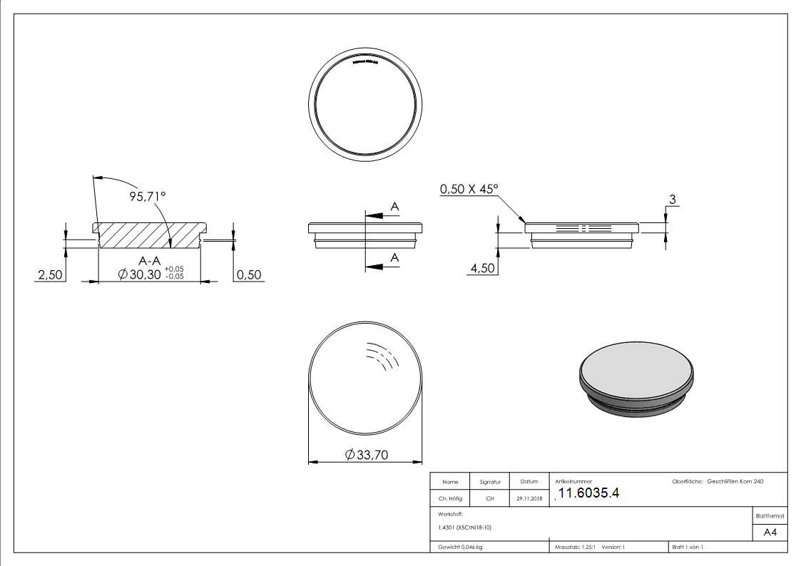 Einsteckkappe Edelstahl V2A fuer Rohr Ø 33-7x2-0 mm flach zum Einschlagen-11-6035.4