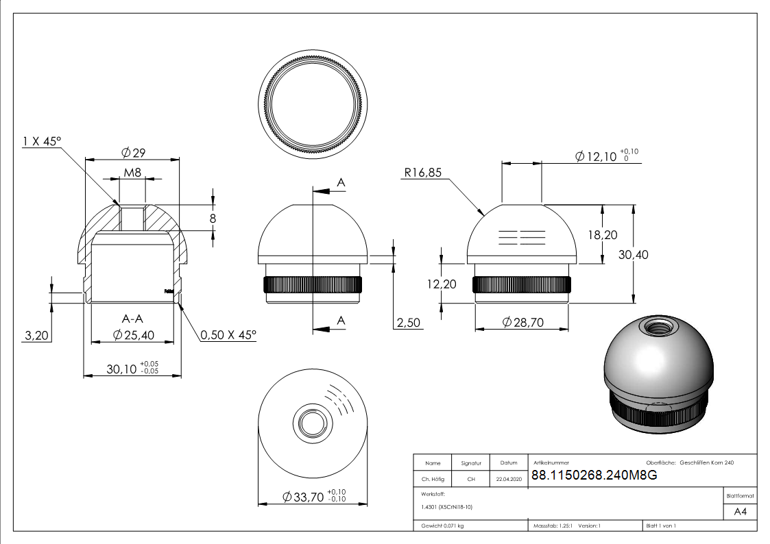 Einsteckkappe V2A Edelstahl fuer Rohr Ø 33-7 x 2-0 mm mit M8 Gewinde- halbrund-88-1150268.240M8G