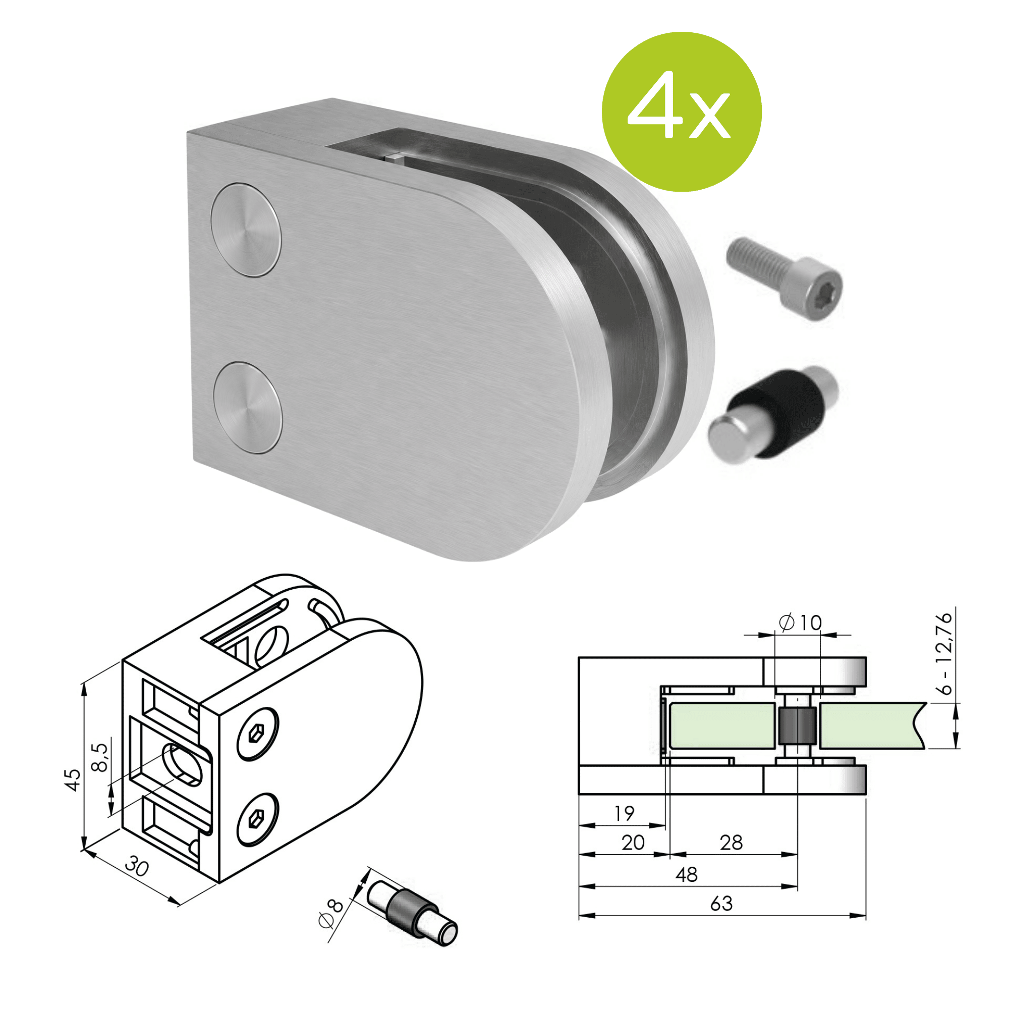Glashalter V2A fuer 6 - 12-76 mm Glas Flachanschluss geschliffen 4er Set-89-11A2500000SET4-A.4