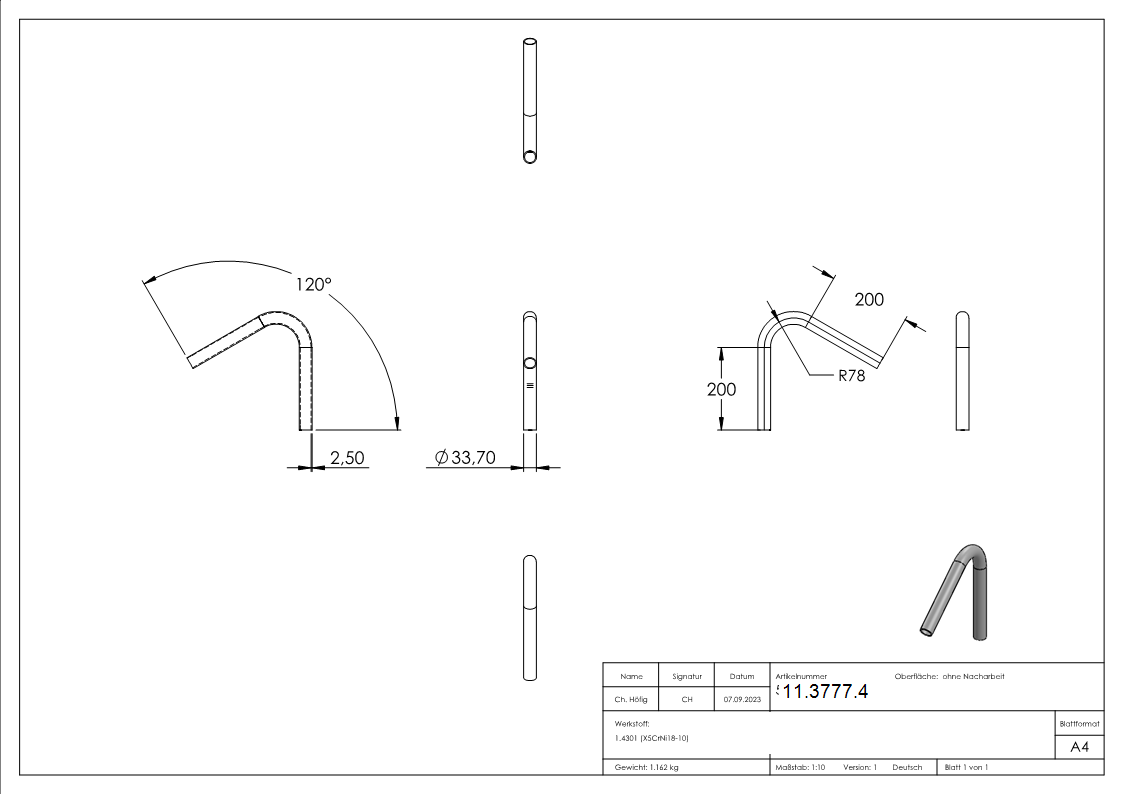 Bogen 120° zum Schweissen aus Rundrohr- Ø 33-7x2-6 mm V2A-11-3777.4