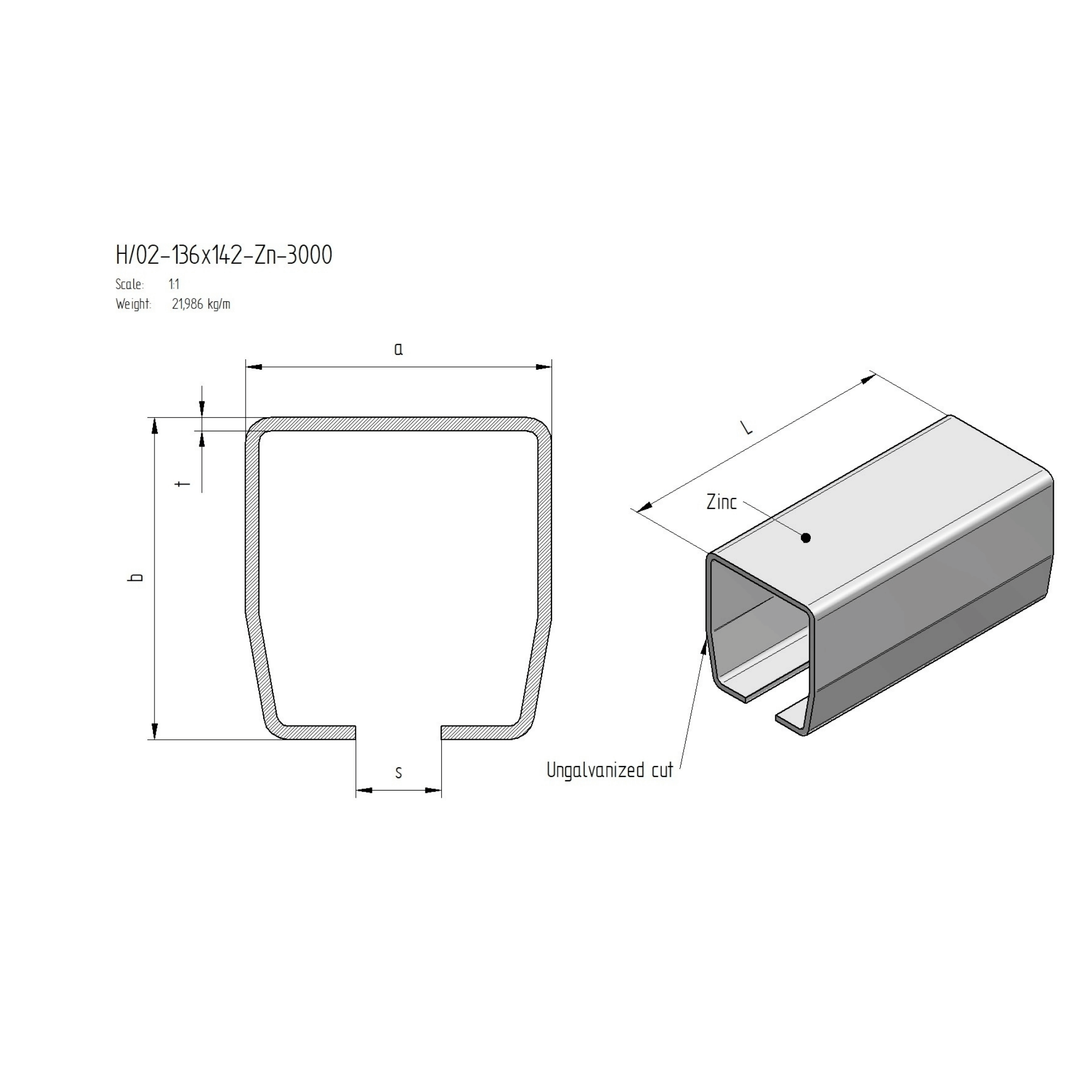 Laufschiene Stahl verzinkt 136 x 142 x 6 mm L = 3000 mm-89-11H02136X142ZN3000-A.4