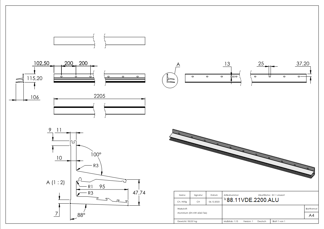 Vordachprofil Aluminium eloxiert E4-EV1 L 2205 mm mit ETA Typenstatik-88-11VDE-2200.ALU