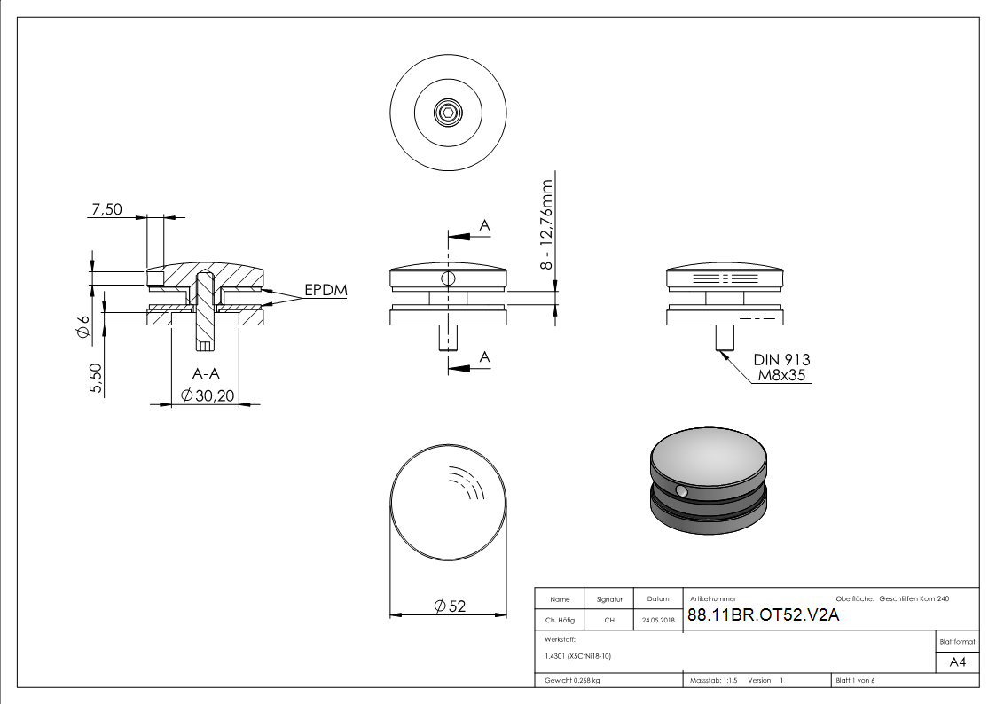 BRENK-fix® Ober- und Unterteil Ø 52mm zu Glas-Halter- V2A-88-11BR-OT52.V2A
