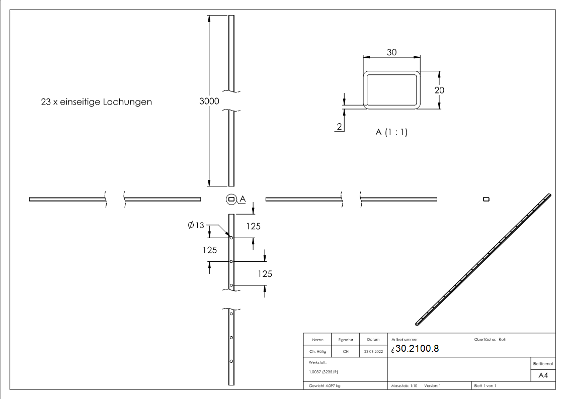 Rechteckrohr - Masse- 30x20x2 mm - Laenge- 3000 mm - Stahl S235JR- roh-30-2100.8