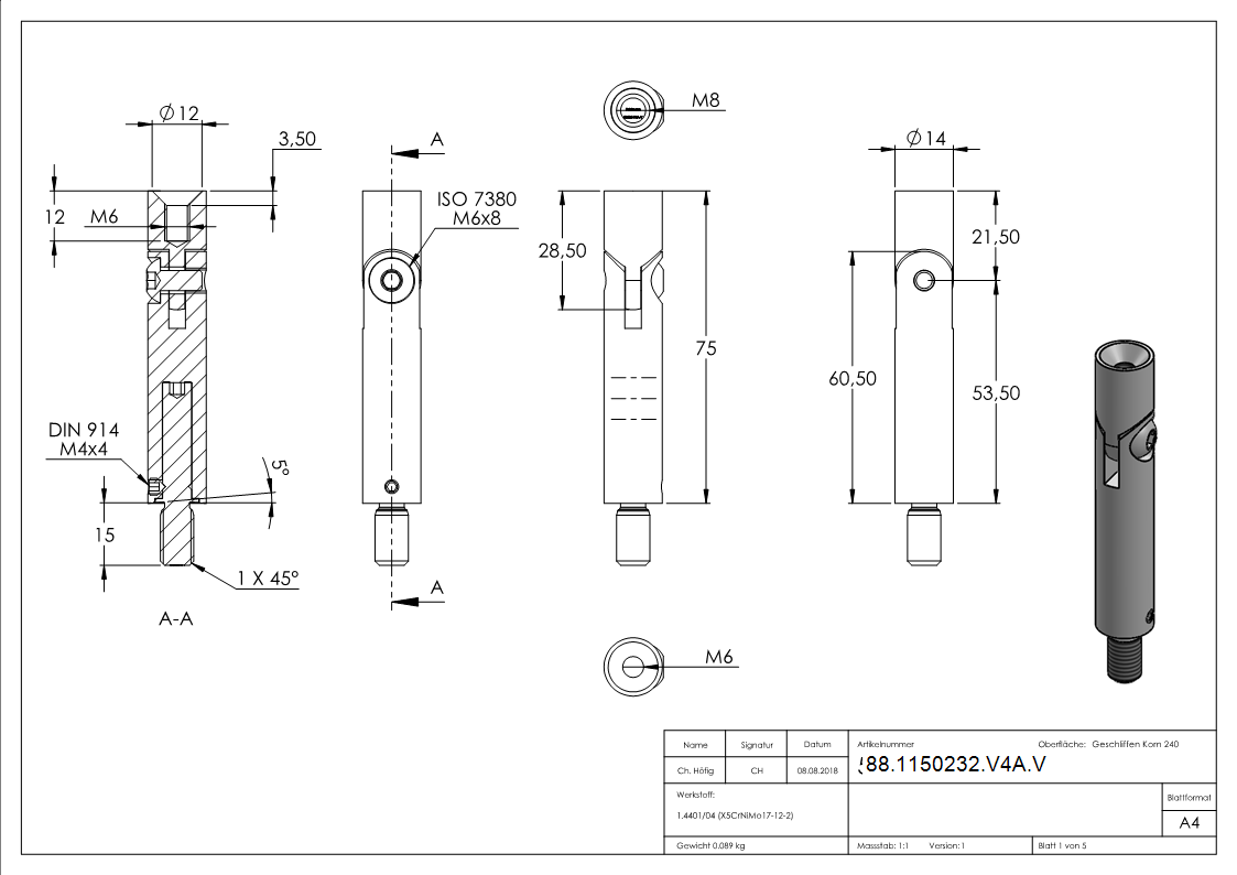 Gelenkstift Edelstahl V4A Ø 14 mm- L 76 mm- M8 - M6 Gewinde- 360° drehbar-88-1150232-V4A.V