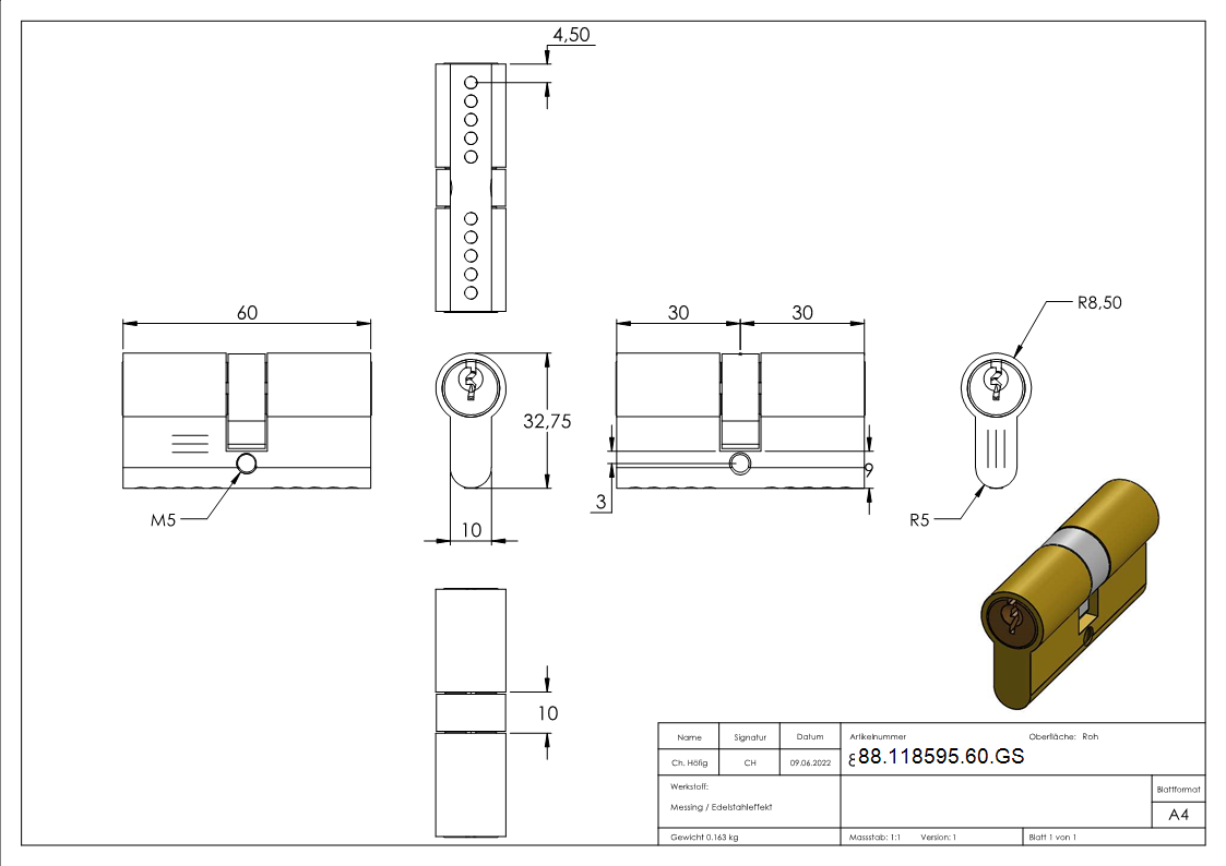Profilzylinder Messing Edelstahloptik L = 60 mm 30 - 30 mm gleichschliessend-88-118595-60.GS