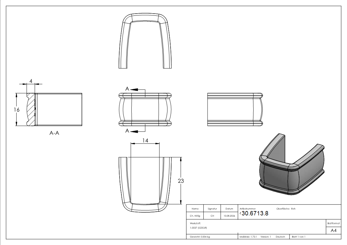 Bund - 1 Stueck - Material- 16x4 mm - Innenmass- 14x23 mm - Stahl -Roh- S235JR-30-6713.8