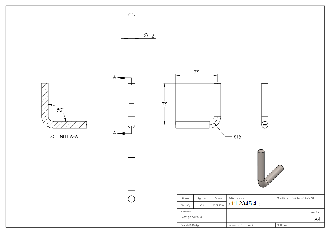 Winkelbuegel V2A Ø 12 mm- 75 x 75 mm- 90 gebogen- zum Anschweissen-11-2345.4