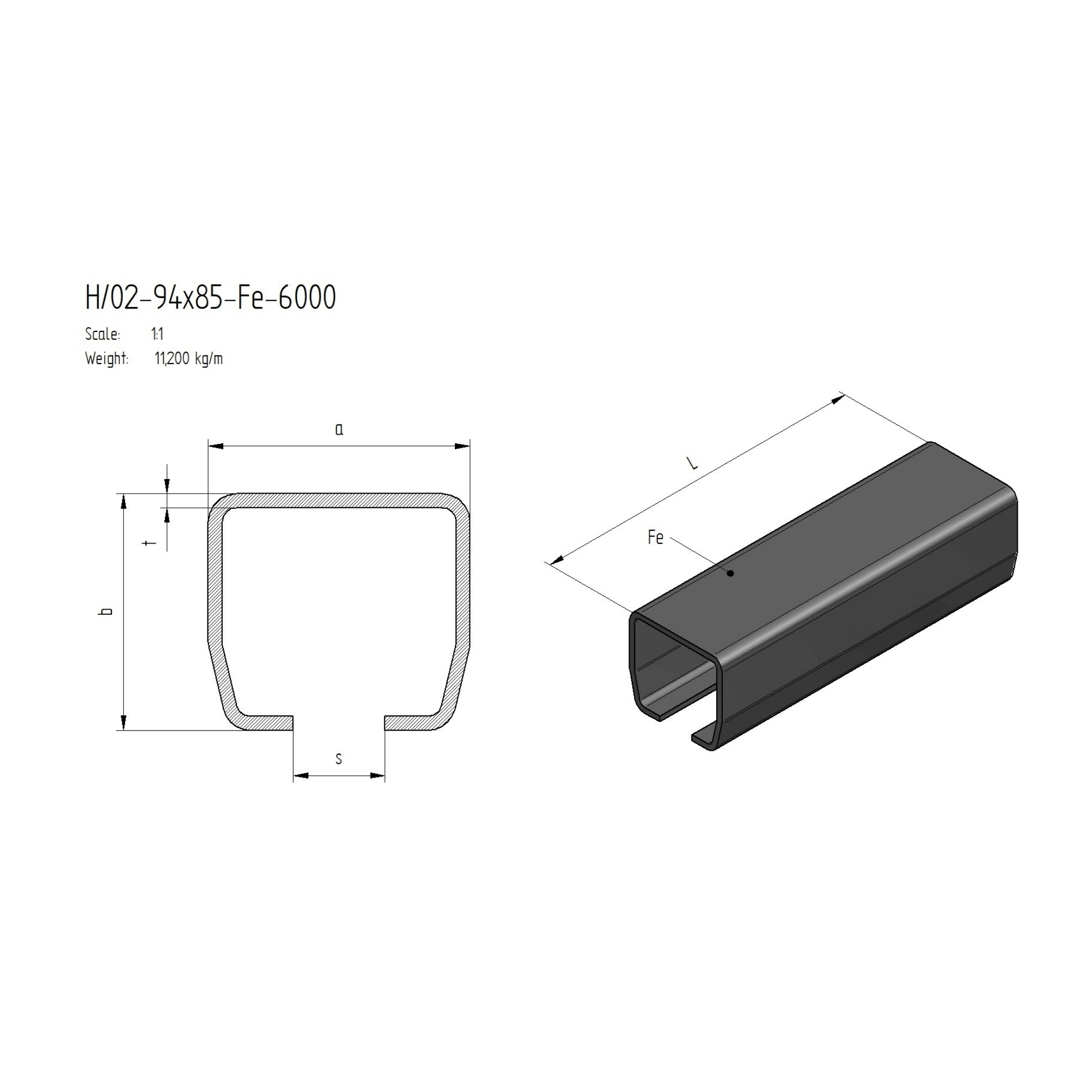 Laufschiene Stahl roh 94 x 85 x 5 mm L = 6000 mm Omega-Profil-89-11H0294X85FE6000-A.4