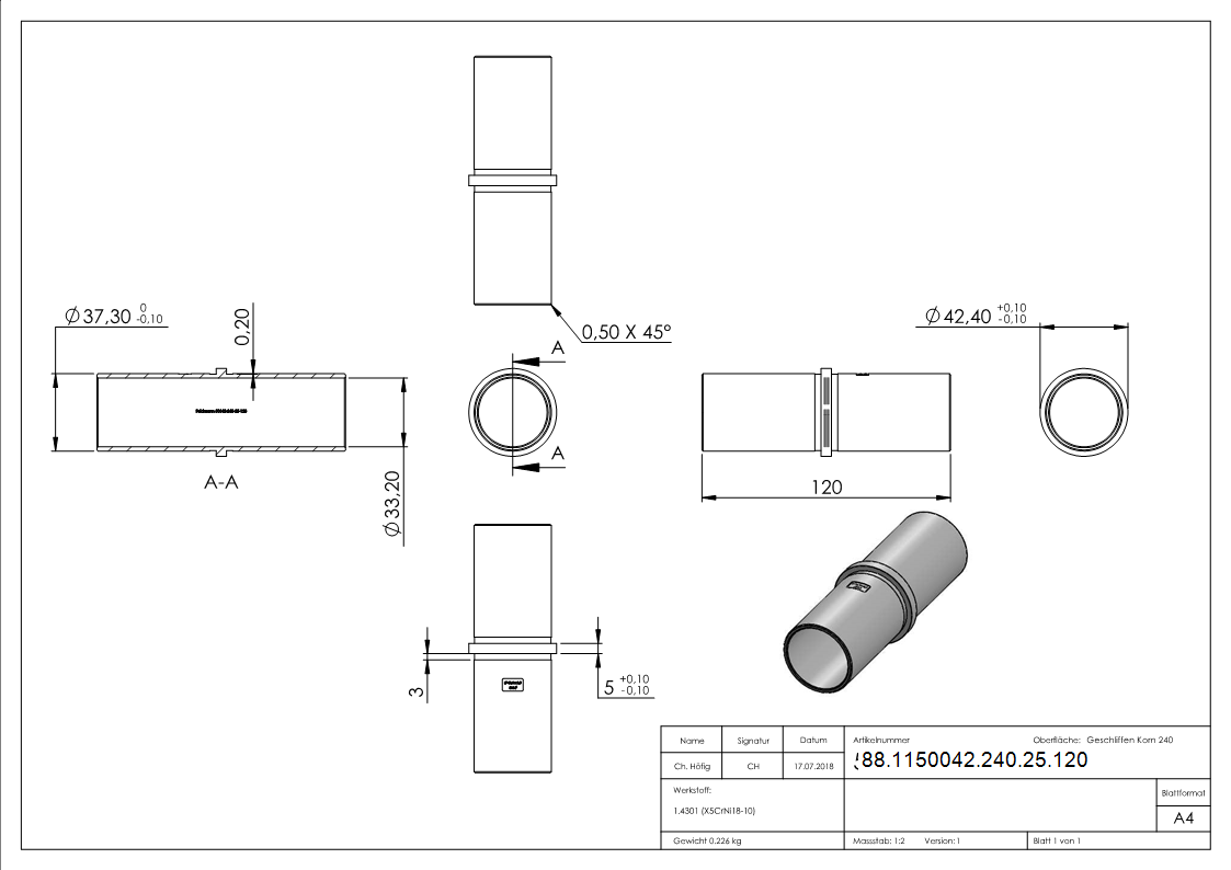 Steckverbinder V2A Ø 42-4 x 2-5 mm L 120 mm mit Mittelsteg-88-1150042-240-25.120