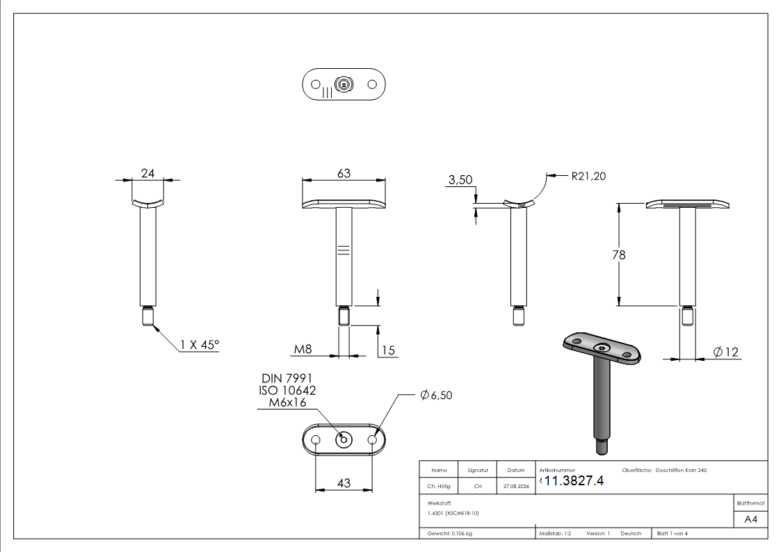 Edelstahl Traegerstift Ø 14 mm mit Halteplatte Anschluss- 42-4 mm - Aussengewinde M8 - V2A-11-3827.4