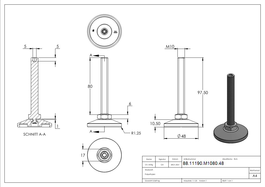 Stellfuss Kunststoff-Stahl Fuss-Ø 48 mm M10x80 mm mit Innensechskant-88-11190-M1080.48