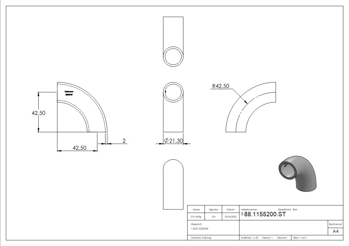 Rohrbogen 90° Stahl roh - 21-3 x 2-0 mm -½- - Bauart 5-88-1155200.ST